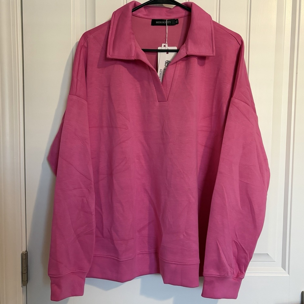 MEROKEETY Long Sleeve  Sweatshirt‎ Women's XL Pink Collard Stretch  V-Neck